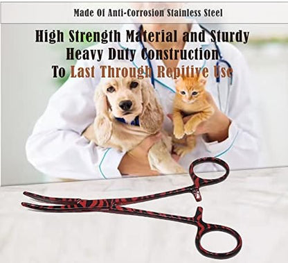 Dog Pet Ear/Nose Hair Puller Grooming Hemostat Locking Forceps Curved Pliers, 5.5" (14cm) Full Serrated Clamps Stainless Steel (Red Candy Swirls)