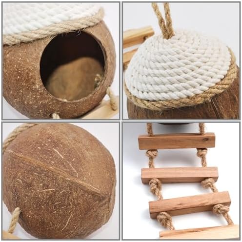 Leopard Gecko Coconut Hut with Ladder,Grested Gecko Coco Den Lizards Hanging Coconut Shell Hideout Cave Reptiles Tank Accessories Climbing Hanging Plants Jungle Vine Flexible Leaves Decor