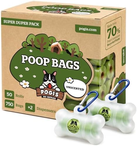 Pogi’s Dog Poop Bags – Leak-Proof & Extra Thick Pet Waste Bags with 2 Holders (Unscented, 50 Rolls, 750-Count)