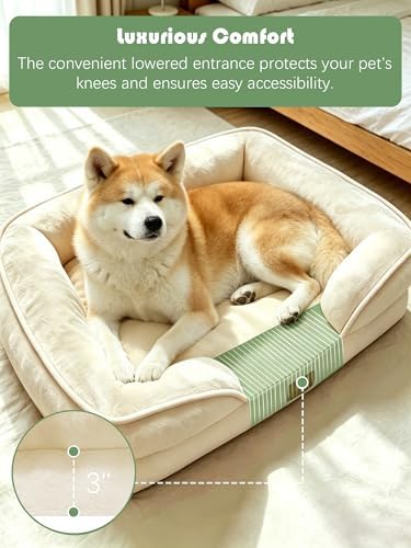 Spotted Play Orthopedic Dog Bed with Sides - Sofa Beds for Extra Large Dogs, Supportive Foam Pet Couch Bed with Washable Removable Cover, Waterproof Lining and Non-Slip Bottom, Ivory - XL-Plus