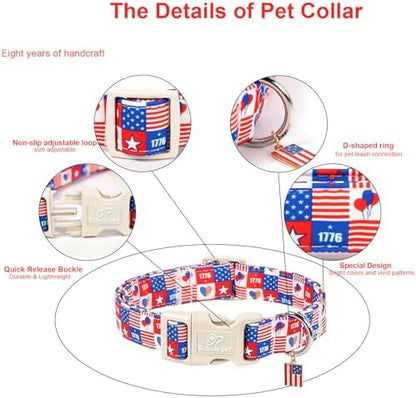 4th of July Dog Collar Blue Patriotic Dog Collars for Medium Dogs - Lightweight Adjustable 1776 Boy Girl Puppy Collars Cute Independence Day Male Female Dogs Collar M