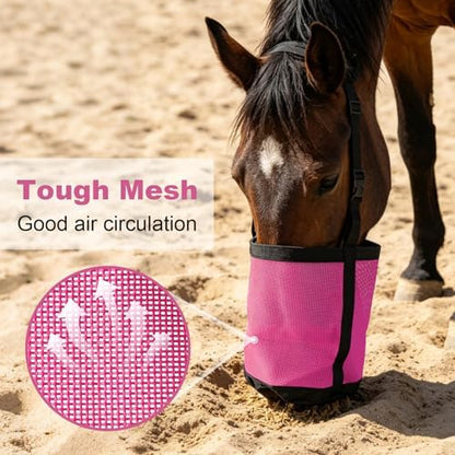 Horse Feed Bag for Grain, Breathable Muzzle Feed Bags for Horses, Universal Mesh Feedbag for Feeding Grain, Anti-Spill Design Feeder, Durable Nose Bag with Solid Bottom (Pink)