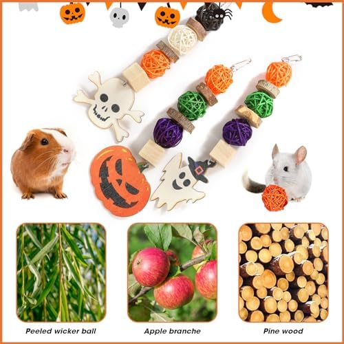 FiveBull Bunny Chew Toys, Natural Guinea Pig Toys,3pcs Perfect Chews Hanging Wood Chew Toy for Pet Rabbits Guinea Pigs Chinchillas Hamsters Rats and Other Small Animals Teeth Grinding Halloween Themed