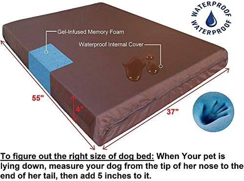 Dogbed4less Orthopedic Gel Memory Foam Pet Dog Bed, Waterproof Liner with External Microsuede Cover and Bonus Antislip Cover (Microsuede Gray, 55"X37"X4" Inches)