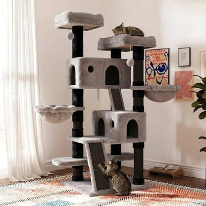 SHA CERLIN 65in Larger Cat Tree Tower Condo for Indoor Kitties/Multi-Level Furniture Activity Center with Wide Base/Cozy Plush Perches/Baskets/Sisal Scratching Posts and Hammock/Black & Grey