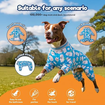 LovinPet Large Dog Clothes, Big Dog Bodysuit, Happy Hippo Blue Print, M