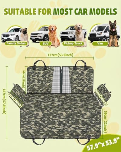 Dog Car Seat Cover, 600D Heavy Dute Car Seat Cover for Dogs Pets, 100% Waterproof Anti-Scratch Nonslip Dog Hammock for Cars, Seat Covers Protector with SeatBelt for Sedan SUV Truck Standard Camo