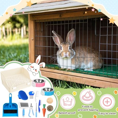 Reallnaive 15 Pcs Rabbit Starter Kit Small Rabbit Litter Box Girls Gift Animal Grooming Kit Bunny Toys Bowl Blankets with Cleaning Set for Guinea Pig Accessories(Beige)