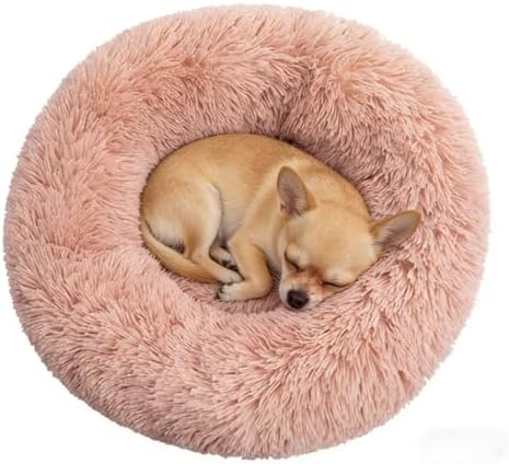 Calming Donut Dog Beds for Small Dogs Kitten - Washable Removable Cover Non-Slip Bottom, Round Pet Bed Puppy Bed Warming Fluffy Faux Fur Anti-Anxiety, Fits up to 15 lbs (Blush, 20")