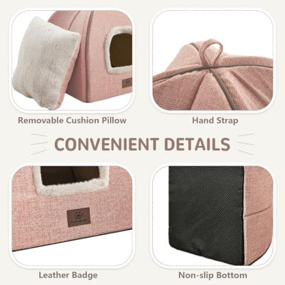 WINDRACING Cat Beds for Indoor Cats, 2-in-1 Cat Bed Cave with Anti-Slip Bottom, Cozy Cats House Tent Suitable for All Seasons, for Medium & Large-Sized Pets Light Pink, L(17.5 X 17.5 X 17.5 Inch)