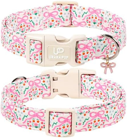 Cute Floral Cotton Dog Collar with Pink Bow Charm, Soft Adjustable Puppy Collar with Durable Quick Release Buckle for Small Medium Dogs Girl Pets