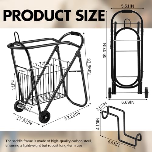 Horse Saddle Tack Cart with Wheels, Rolling Iron Heavy Duty Trailer Organizer with Hooks Foldable Horse Cinch Equipments Stable Storage Tool for Saddle Moving Transport Organizer Supplies