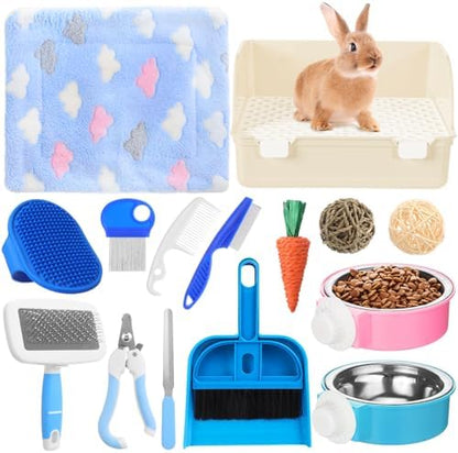 Reallnaive 15 Pcs Rabbit Starter Kit Small Rabbit Litter Box Girls Gift Animal Grooming Kit Bunny Toys Bowl Blankets with Cleaning Set for Guinea Pig Accessories(Beige)