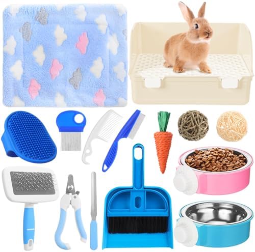 Reallnaive 15 Pcs Rabbit Starter Kit Small Rabbit Litter Box Girls Gift Animal Grooming Kit Bunny Toys Bowl Blankets with Cleaning Set for Guinea Pig Accessories(Beige)