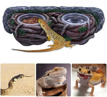AIICIOO Crested Gecko Feeding Ledge Double Bowl Reptile Vine Food Ledge with 4 PCS Cup Corner Water Bowl for Lizard Snake Bearded Dragon Frog Turtle Terrarium Tank Decor