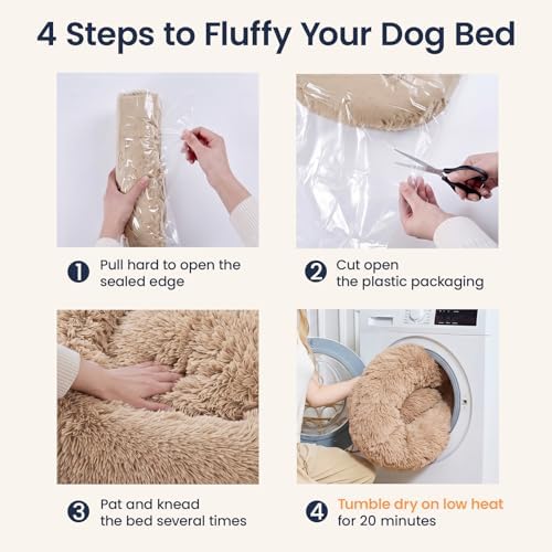 JOLLYVOGUE Calming Dog Beds Extra Large Sized Dog, 45in Donut Washable Large Pet Bed, Anti-Slip & Anti-Anxiety Fluffy Faux Fur Round Dogs Bed, Fits up to 125 lbs Pets (Camel)