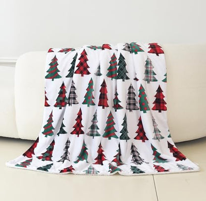 Elegant Comfort Reversible and Ultra-Plush Flannel Fleece-Winter Christmas Sherpa Throw- Lightweight Soft and Cozy-Holiday Decorative Throw, Perfect for Lounging, 50 x 60 inches, Plaid Christmas Tree