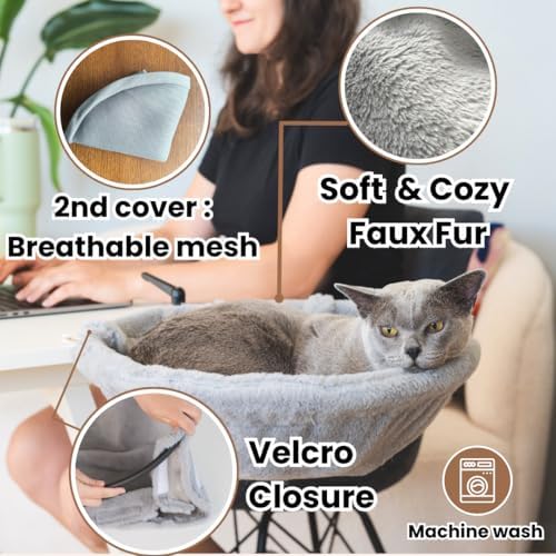 Cat Desk Bed – 180° Rotating & Adjustable Cat Hammock, 2 Washable Covers, Supports 40 lbs, Non-Slip Clamp, Soft Faux Fur, Space-Saving Design for Home Office, Remote Workers, Gamers