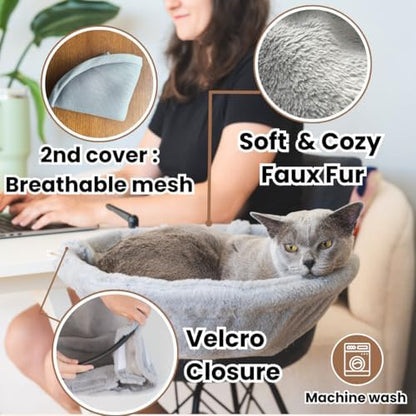 Cat Desk Bed – 180° Rotating & Adjustable Cat Hammock, 2 Washable Covers, Supports 40 lbs, Non-Slip Clamp, Soft Faux Fur, Space-Saving Design for Home Office, Remote Workers, Gamers