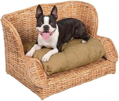 DBD1004B Handwoven Water Hyacinth Pet Daybed with Machine-Washable Cushion, 27.5" x 18" Wicker Sofa for Small to Medium Dogs and Cats, Vintage Style Elevated Pet Bed, Light Brown