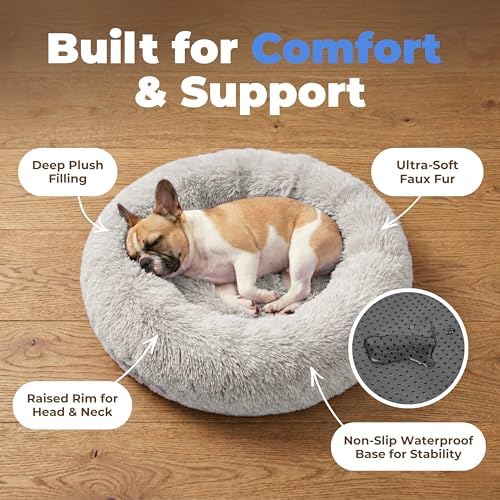 Best Pet Supplies Round Calming Dog Bed for Small, Medium & Large Dogs, Plush Donut Cuddler Pet Bed w/Raised Rim for Head, Neck Support, Anti-Slip Bottom Washable Bed - Light Warm Gray, 27 x 27 x 7.5