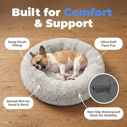 Best Pet Supplies Round Calming Dog Bed for Small, Medium & Large Dogs, Plush Donut Cuddler Pet Bed w/Raised Rim for Head, Neck Support, Anti-Slip Bottom Washable Bed - Light Warm Gray, 27 x 27 x 7.5