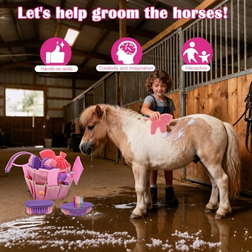 9PCS Horse Grooming Brushes Kit with Tote Bag,Tools for Care Massage Groom