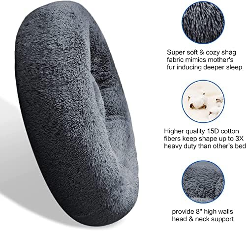 SAVFOX 20 inches Calming Donut Dog Bed - 3X Durable Plush Faux Fur, Machine Washable & Non-Slip, Fits up to 15 lbs, Dark Grey