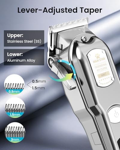 M&M STAR Dog Clippers for Grooming Thick Heavy Coats, All-Metal Body Low Noise Cordless Rechargeable Dog Hair Trimmer, Stainless Steel Blade, Professional Pet Grooming Kit for Dogs & Cats (Silver)