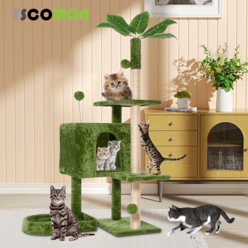 52inch Large Cat Tree Tower Condo with Hammock for Indoor Cats, Soft Plush Multi-Level Climbing Tree Cat House with Cat Cave, Scratching Post, Sisal Rope, Green