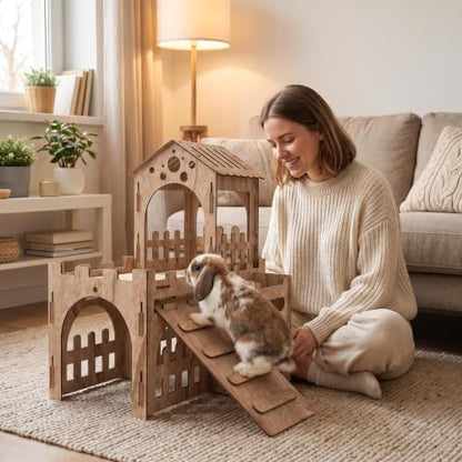 HIIMALEX Large Bunny Castle Sturdy House for Rabbits Ferrets Guinea Pigs