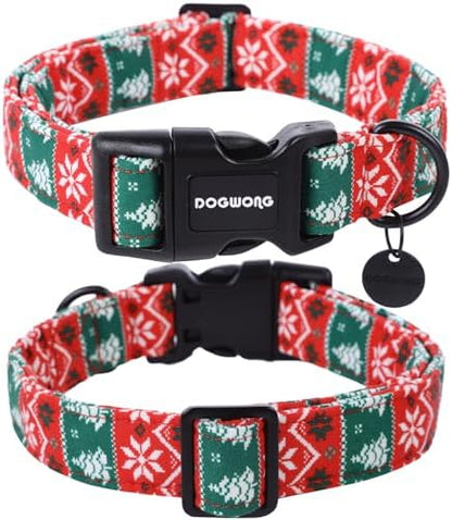 DOGWONG Christmas Cotton Dog Collar, Red Green Stripe Christmas Dog Collar Durable Soft Pet Collars Cute Red Necklace for Small Medium Dogs