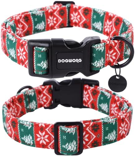 DOGWONG Christmas Cotton Dog Collar, Red Green Stripe Christmas Dog Collar Durable Soft Pet Collars Cute Red Necklace for Medium Large Dogs,L