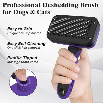 2PCS Self Cleaning Slicker Brush & Dog Comb - Skin Friendly Deshedding Grooming Tool for Dogs, Cats and Small Animals, Professional Deshedding Dematting Tool for Long and Short Haired Pets (Purple)