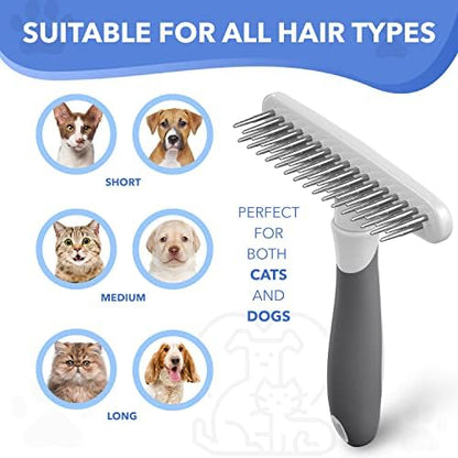 Dog rake deshedding dematting Brush Comb - Undercoat rake for Dogs, Cats, matted, Short,Long Hair Coats - Brush for Shedding, Double Row Stainless Steel pins - Reduce Shedding by 90% (White)