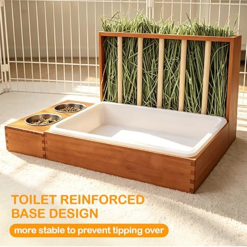 BESNEW 3-in-1 Rabbit Hay Feeder with Litter Box,Upgraded Rot Resistant Rreatment Wooden Hay Feeder with 2 Bowls & Litter Box for Guinea Pigs,Chinchillas,Rabbits & Other Small Animals,Waste Prevention