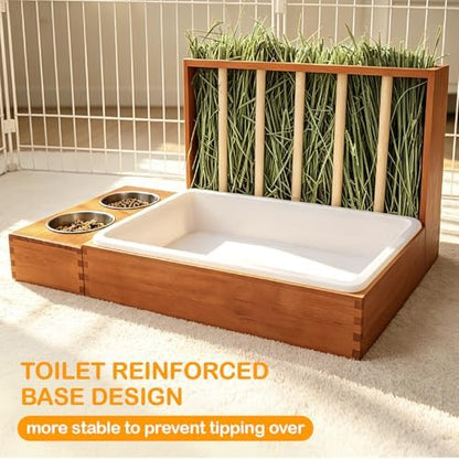 BESNEW 3-in-1 Rabbit Hay Feeder with Litter Box,Upgraded Rot Resistant Rreatment Wooden Hay Feeder with 2 Bowls & Litter Box for Guinea Pigs,Chinchillas,Rabbits & Other Small Animals,Waste Prevention