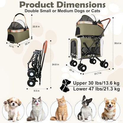 Double Pet Stroller for Dogs and Cats: Dog Stroller Foldable Travel Carriage with Detachable Carriers, Safety Belts, and 4 Lockable Wheels for Small to Medium Pets – Ideal for Multi-Pet Homes (Green)