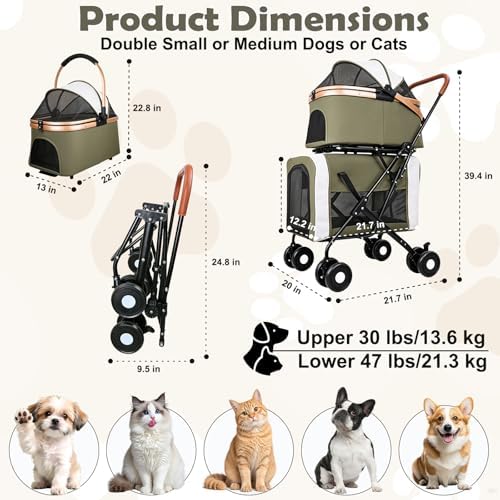 Double Pet Stroller for Dogs and Cats: Dog Stroller Foldable Travel Carriage with Detachable Carriers, Safety Belts, and 4 Lockable Wheels for Small to Medium Pets – Ideal for Multi-Pet Homes (Green)