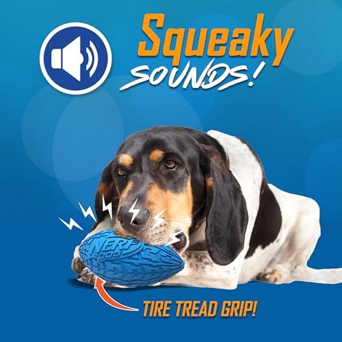 Nerf Dog Tire Squeak Football Outdoor Dog Toy, 6 Inch Dog Football Squeaking Toy for Medium and Large Breeds, Blue