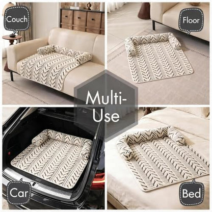 Calming Dog Couch Bed Mats with Neck and Head Support, Fluffy Plush Pet Sofa Cover for Small Medium Dogs and Cats, Non-Slip Bottom, Machine Washable