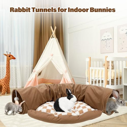 BWOGUE Bunny Tunnel Bed, Collapsible Rabbit Tunnel Hideout with Mat, Coffee