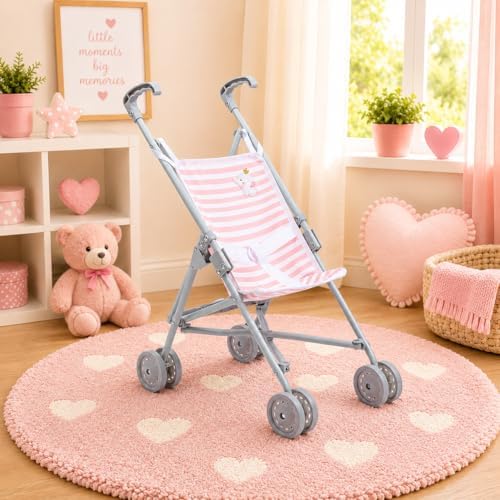 JC Toys Boutique | Folding Umbrella Doll Stroller for Children 2 Years Plus, Pink Stripes and Soft Embroidery | Sturdy Metal Frame | Pretend Play with Dolls up to 18” Long | Seat Belt