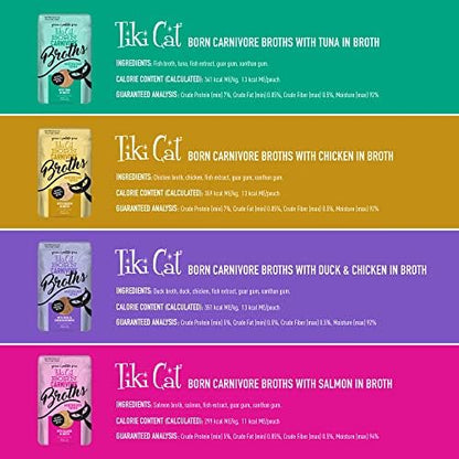 Tiki Cat Born Carnivore Broths Wet Cat Food Toppers, Variety Pack, 1.3 oz. Pouch (12 Count)