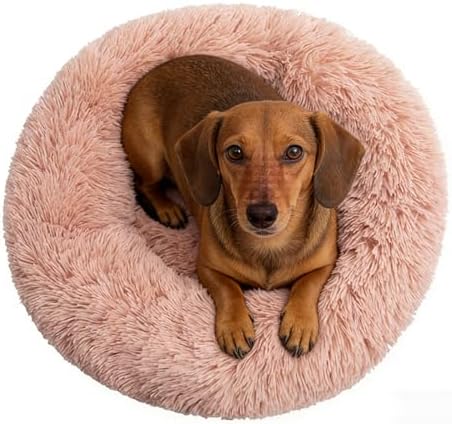 Calming Donut Dog Beds for Small Dogs Cats - Washable Removable Cover Non-Slip Bottom, Round Pet Bed Puppy Bed Warming Fluffy Faux Fur Anti-Anxiety, Fits up to 25 lbs (Blush, 23")