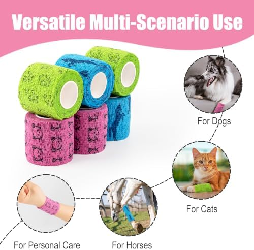 Vet Wrap Cohesive Bandages, Self-Adhesive Bandage Wrap, Breathable Non-Woven Self Adherent Tape for Pet Dog Leg Paw Wound, Horse, Cat, First Aid & Ankle Sprain, 2 Inch, 6 Rolls