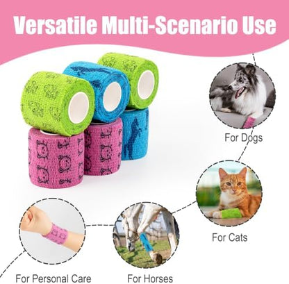 Vet Wrap Cohesive Bandages, Self-Adhesive Bandage Wrap, Breathable Non-Woven Self Adherent Tape for Pet Dog Leg Paw Wound, Horse, Cat, First Aid & Ankle Sprain, 2 Inch, 6 Rolls