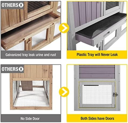 Aivituvin Rabbit Hutch Indoor Bunny Cage Outdoor Chicken Coop Rabbit House Bunny Hutch with Deeper Plastic Tray (Grey02 -one Set)