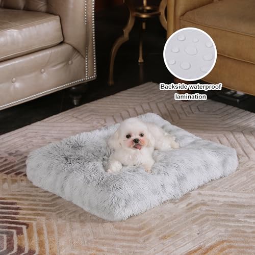 Bedfolks Waterproof Crate Bed, Plush Dog & Cat Bed with Removable Washable Cover, Faux Fur Kennel Pad, 17"x12", Grey