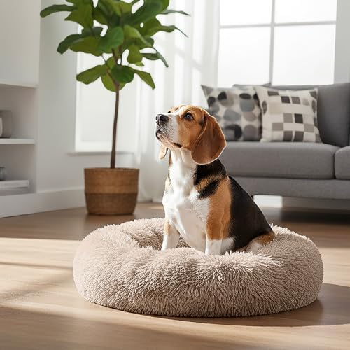 PetAmi Calming Donut Dog Bed, Washable Faux Fur, 30 Inch Medium, Taupe